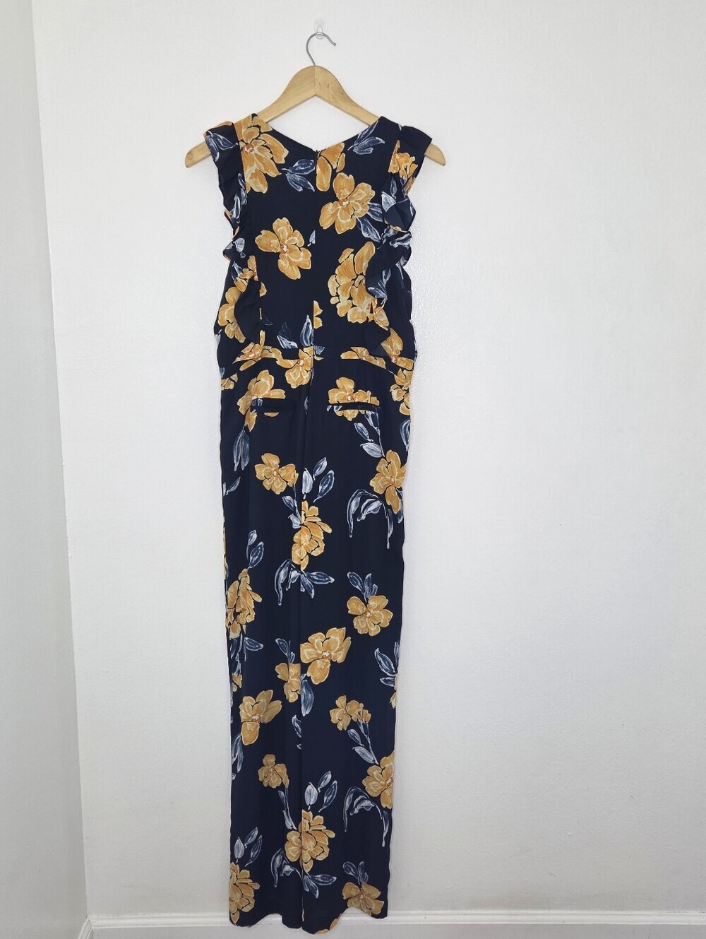 Anthropologie Paper Crown Floral  Ruffle Sleeveless Jumpsuit in Navy & Yellow - Picture 3 of 9
